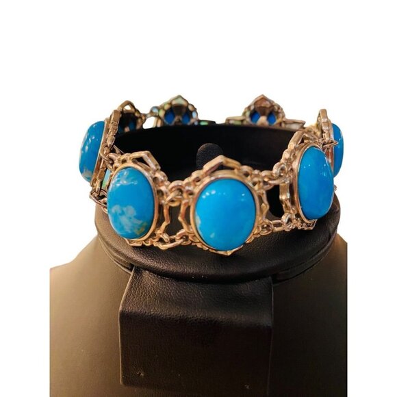 JBK Signed Faux Turquoise Link Bracelet Jacqueline Kennedy 1980s 7-8.2" Adjustab - Picture 2 of 16